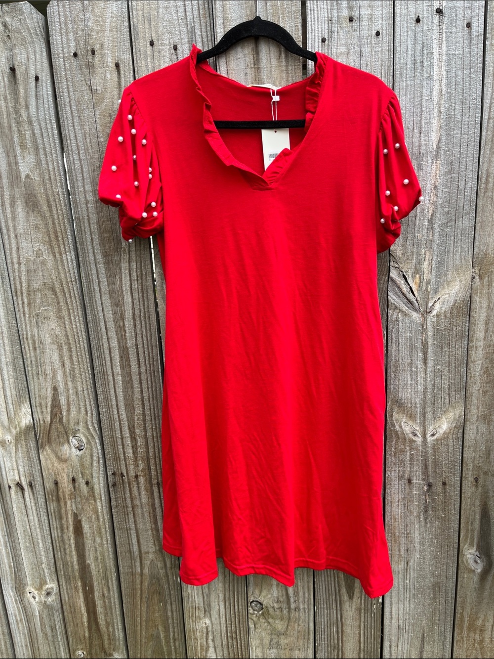 Red Short-Sleeve Pearl Accent Dress